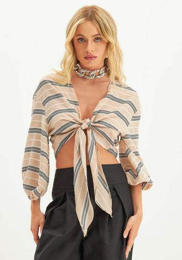 502BL006987 - LP BLUSA CROPPED COM AMARAÇÃO LISTRADA