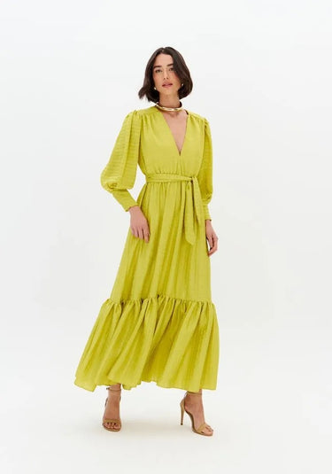 502VE012441 LP VESTIDO LONGO DECOTE V COM FAIXA E TEXTURA