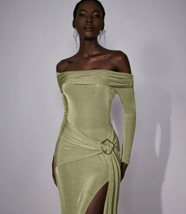 20072025-21 - IMPORTED LONG SLEEVE DRESS WITH OFF-THE-SHOULDERS