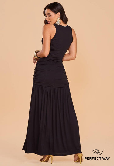 MV56198 - PW LONG DRESS WITH CUT-OUT WAIST AND DRAPING