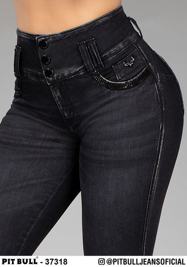 37318- PIT BULL CALÇA SKINNY STRASS NO BOLSO PT