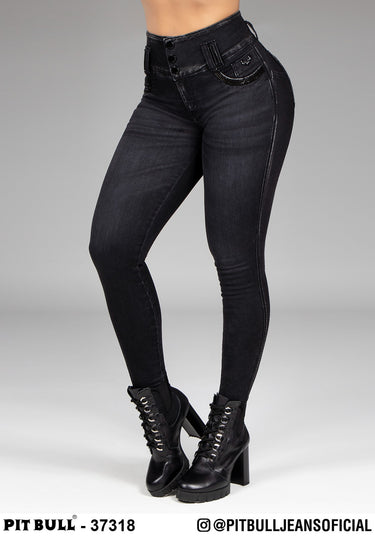 37318- PIT BULL CALÇA SKINNY STRASS NO BOLSO PT