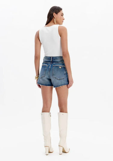501SH002850 - LP SHORT JEANS GRANDFATHER COM APLICAÇÕES E CINTURA ALTA