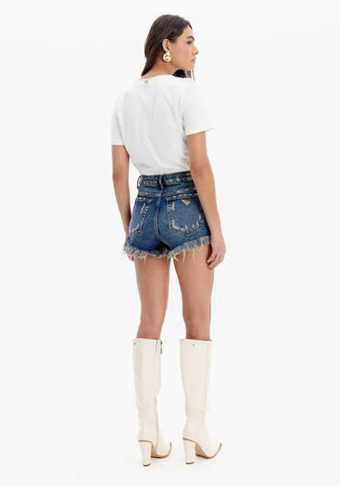 501SH002852 - LP SHORT JEANS CONFORT COM APLICAÇÃO E CINTURA ALTA