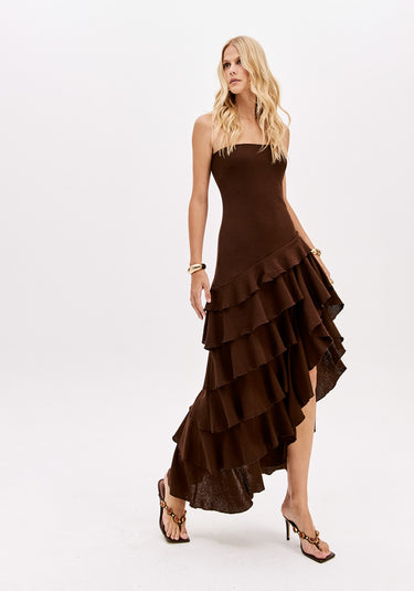 502VE011913 - LP VESTIDO SUPER MIDI SEM ALÇAS COM BABADO