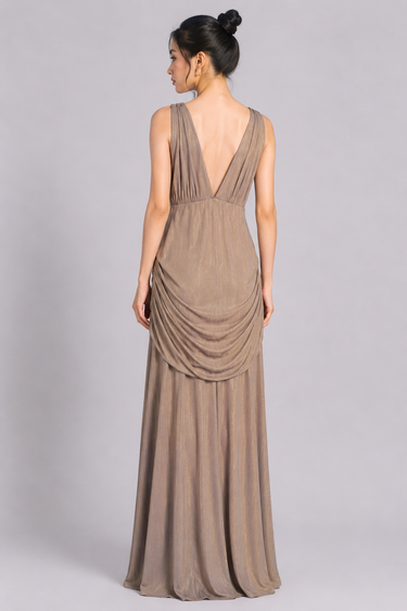 26434010- CKM VESTIDO LONGO DRAPEADO METL. CHOCOLATE G