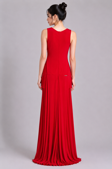 527VE000373- LP VESTIDO DECOTE APLIQUE VAZADO C/ BOJO VERMELHO