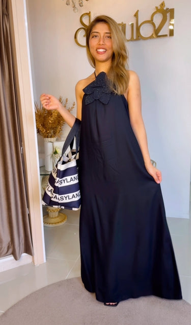 502VE010404 - LP VESTIDO LONGO FRENTE UNICA COM FLOR E APLICAÇÕES DE BRILHOS