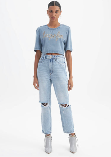 LP T-SHIRT JEANS ESCRITA BRILHO