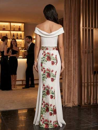 119600 - LONG DRESS WITH LACE AND FLOWERS, OPEN SHOULDER