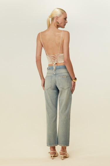 CAL34245 - DIMY CALÇA ZOE MUITO ALTA RETA C/CINTO DE FLOR CROCHÊ